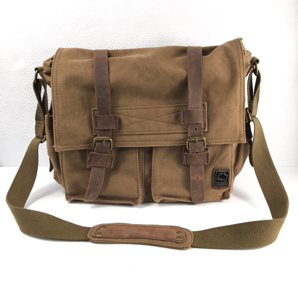 S.C.COTTON Leather and Khaki Canvas Messenger Laptop Office Bag